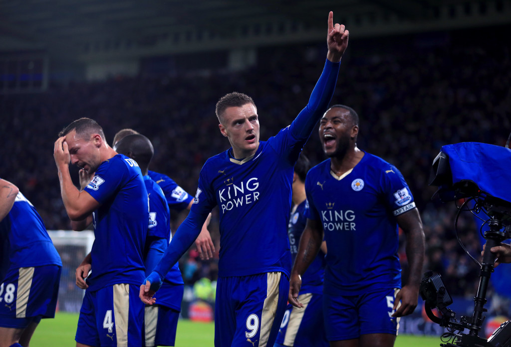 Leicester City's Jamie Vardy celebrates scoring his side's first goal of the game during the Barclays Premier League match at the King Power Stadium, Leicester. PRESS ASSOCIATION Photo. Picture date: Saturday November 28, 2015. See PA story SOCCER Leicester. Photo credit should read: Mike Egerton/PA Wire. RESTRICTIONS:  EDITORIAL USE ONLY No use with unauthorised audio, video, data, fixture lists, club/league logos or ''live'' services. Online in-match use limited to 75 images, no video emulation. No use in betting, games or single club/league/player publications.